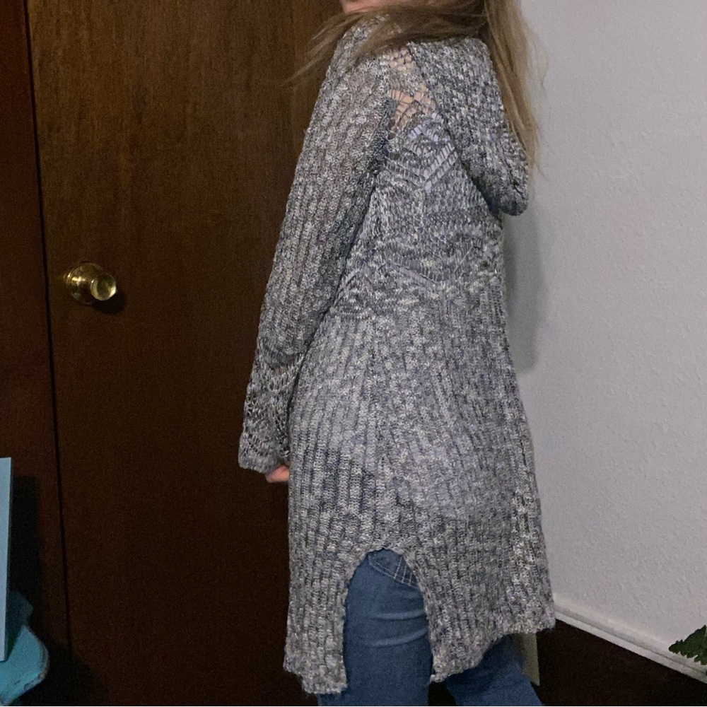 It’s our time grey sheer cardigan with hood